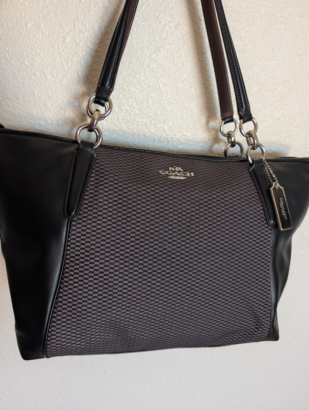 Coach Ava Black Checkered Woven Shoulder Tote